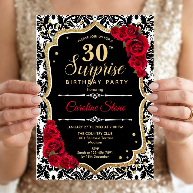 Surprise 30e Anniversaire - Invitation Noir Or Rou (Créateur téléchargé)