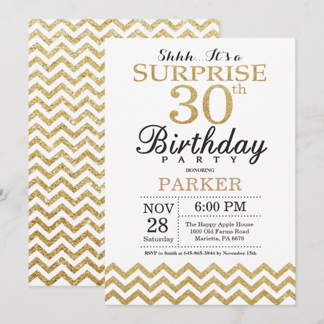 Surprise 30e anniversaire Invitation Parties scint (Devant / Derrière)