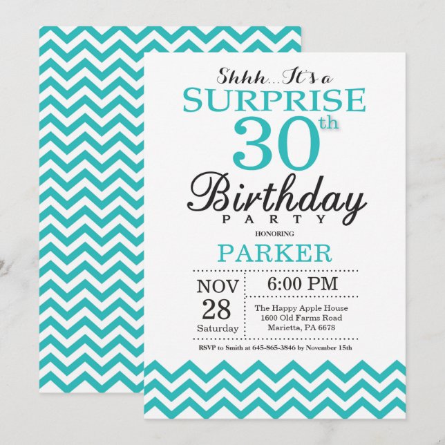Surprise 30e anniversaire Invitation Turquoise Che (Devant / Derrière)