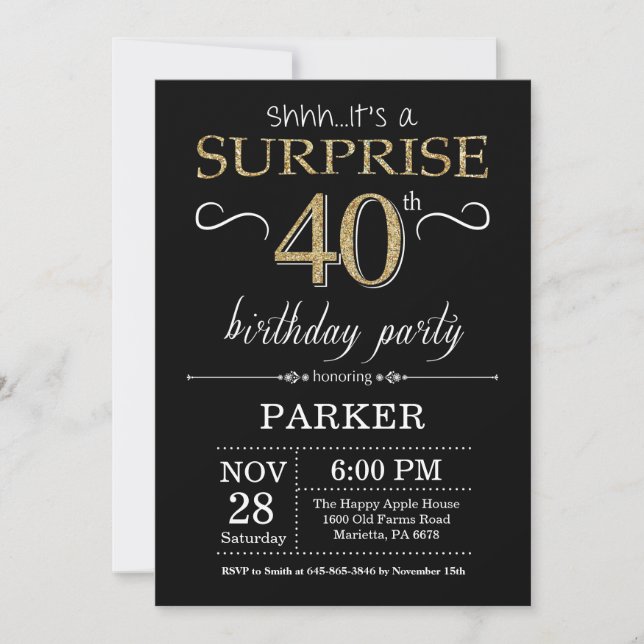 Surprise 40e anniversaire Invitation Black and Gol (Devant)