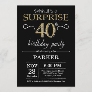 Surprise 40e anniversaire Invitation Black and Gol
