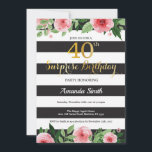 Surprise 40e anniversaire Invitation Femmes Floral<br><div class="desc">Surprise 40e anniversaire Invitation pour les femmes. Invitation de fête d'anniversaire noir et or. Parties scintillant or. Aquarelle rose Fleur Florale. Blancs et Noirs. Numérique imprimable. Pour plus de personnalisation,  cliquez sur le bouton "Customiser" et utilisez notre outil de conception pour modifier ce modèle.</div>