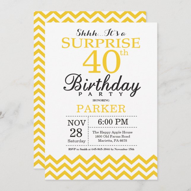 Surprise 40e anniversaire Invitation Jaune Chevron (Devant / Derrière)