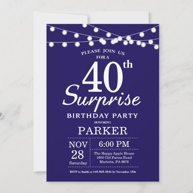 Surprise 40e anniversaire Invitation Marine Bleu (Devant)