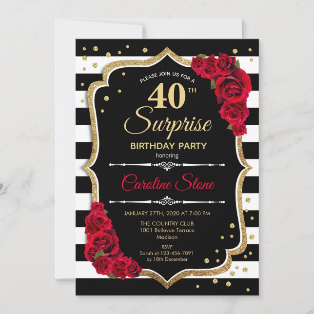 Surprise 40e anniversaire Invitation noir blanc ro (Devant)