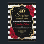 Surprise 40e anniversaire Invitation noir blanc ro<br><div class="desc">Surprise 40th Birthday Invitation Elégant design noir blanc rouge avec fausse parties scintillant. Bandes noires et blanches avec roses rouges. Parfait pour une soirée d'anniversaire élégante.</div>