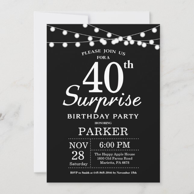 Surprise 40e anniversaire Invitation noir et blanc (Devant)