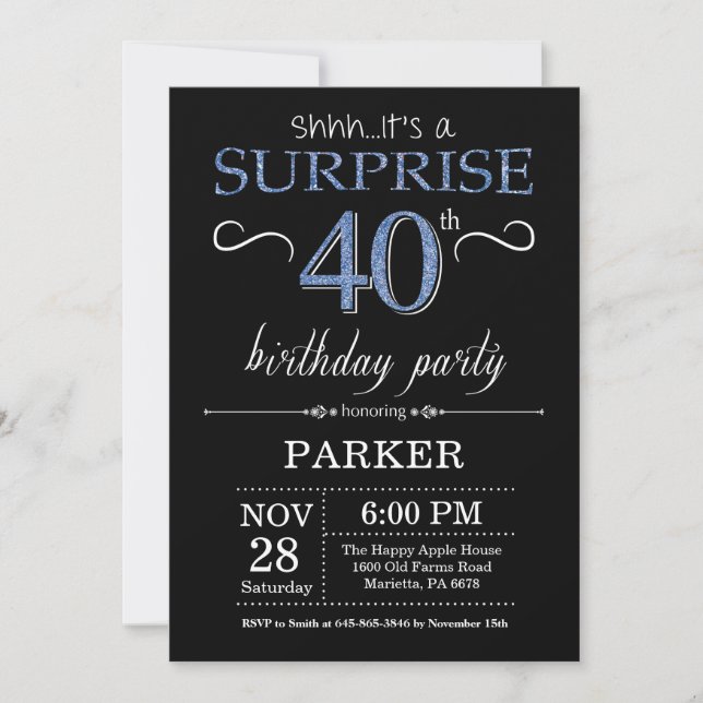 Surprise 40e anniversaire Invitation noir et bleu (Devant)