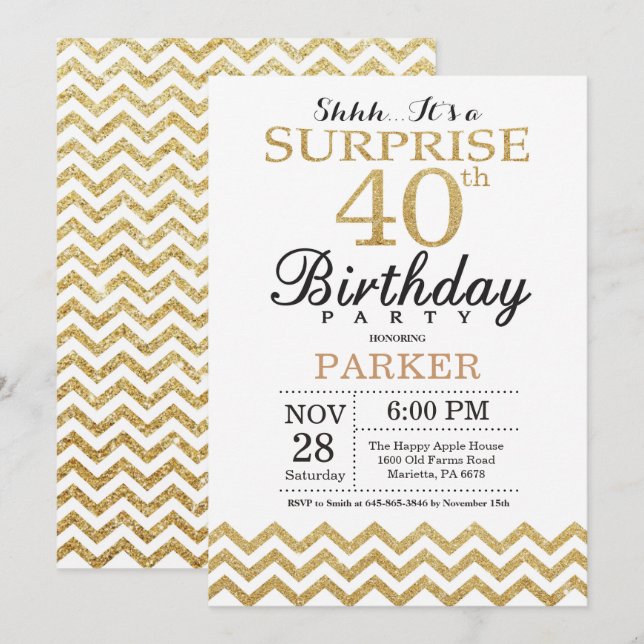 Surprise 40e anniversaire Invitation Parties scint (Devant / Derrière)