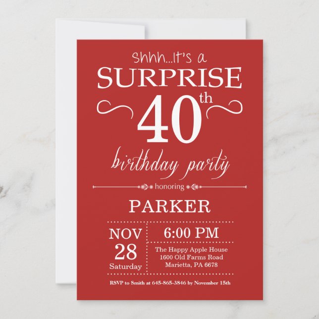 Surprise 40e anniversaire Invitation Rouge (Devant)