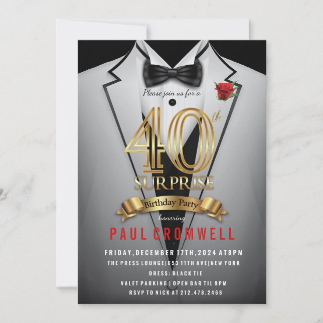 Surprise 40e anniversaire Tuxedo Invitation (Devant)