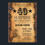 Surprise 40e Invitation Occidentale Anniversaire<br><div class="desc">Surprise 40e Invitation Occidentale Anniversaire. Cowboy Horse Wild West thème fête d'anniversaire. Arrière - plan rustique de la campagne de bois. Pour plus de personnalisation,  cliquez sur le bouton "Customiser" et utilisez notre outil de conception pour modifier ce modèle.</div>