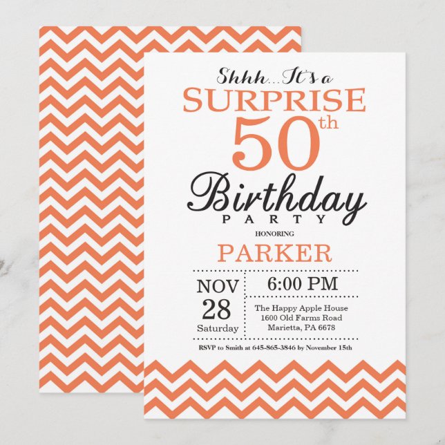 Surprise 50e anniversaire Invitation Coral Chevron (Devant / Derrière)