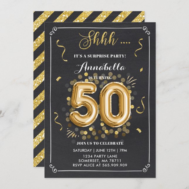Surprise 50e anniversaire Invitation Gold Chalkboa (Devant / Derrière)