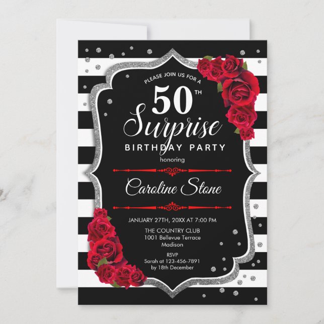 Surprise 50e anniversaire Invitation noir blanc ro (Devant)