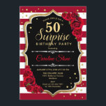 Surprise 50e anniversaire Invitation noir blanc ro<br><div class="desc">Invitation surprise 50e anniversaire. Dessin féminin noir,  blanc,  rouge avec fausse parties scintillant or. Caractéristiques marsala rouge et blanc rayures,  rose,  police de script et confetti. Parfait pour une soirée d'anniversaire élégante. Peut être personnalisé pour montrer n'importe quel âge. Message-moi si vous avez besoin d'une personnalisation plus poussée.</div>