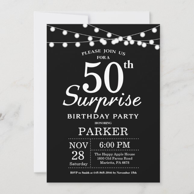 Surprise 50e anniversaire Invitation noir et blanc (Devant)