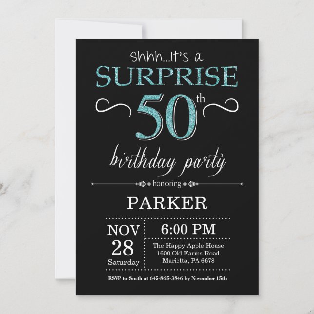 Surprise 50e anniversaire Invitation Noir et Turqu (Devant)