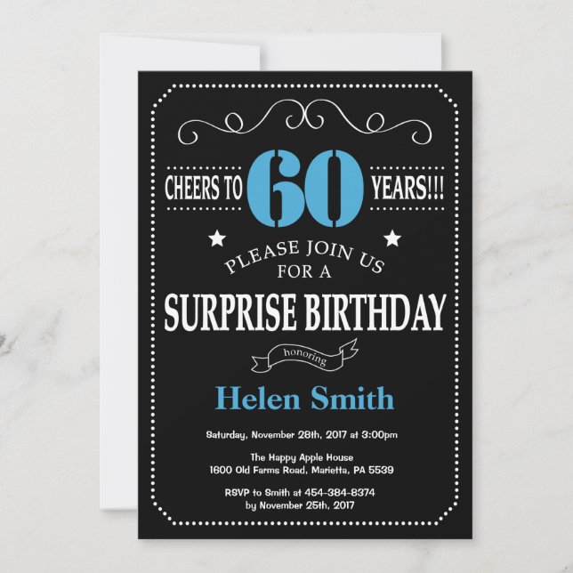 Surprise 60e anniversaire Invitation Bleu et Noir (Devant)