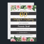 Surprise 60e anniversaire Invitation Femmes Floral<br><div class="desc">Surprise 60e anniversaire Invitation pour les femmes. Invitation de fête d'anniversaire noir et or. Parties scintillant or. Aquarelle rose Fleur Florale. Blancs et Noirs. Numérique imprimable. Pour plus de personnalisation,  cliquez sur le bouton "Customiser" et utilisez notre outil de conception pour modifier ce modèle.</div>