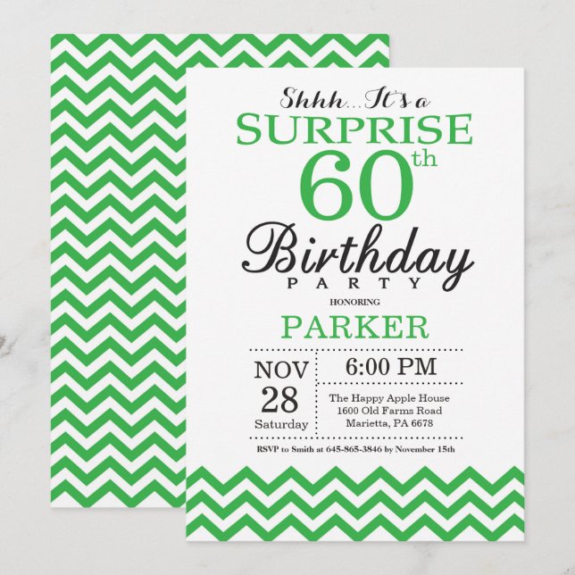 Surprise 60e anniversaire Invitation Green Chevron (Devant / Derrière)