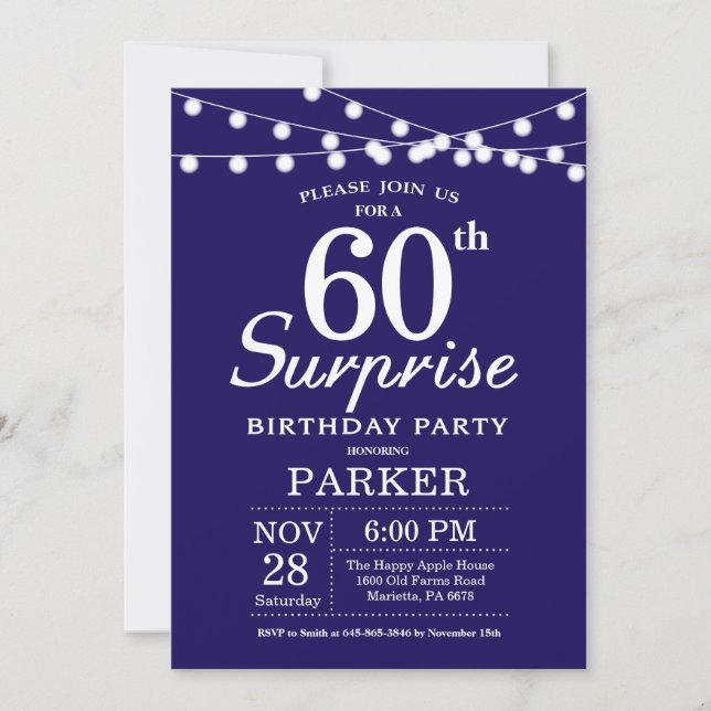 Surprise 60e anniversaire Invitation Marine Bleu (Devant)