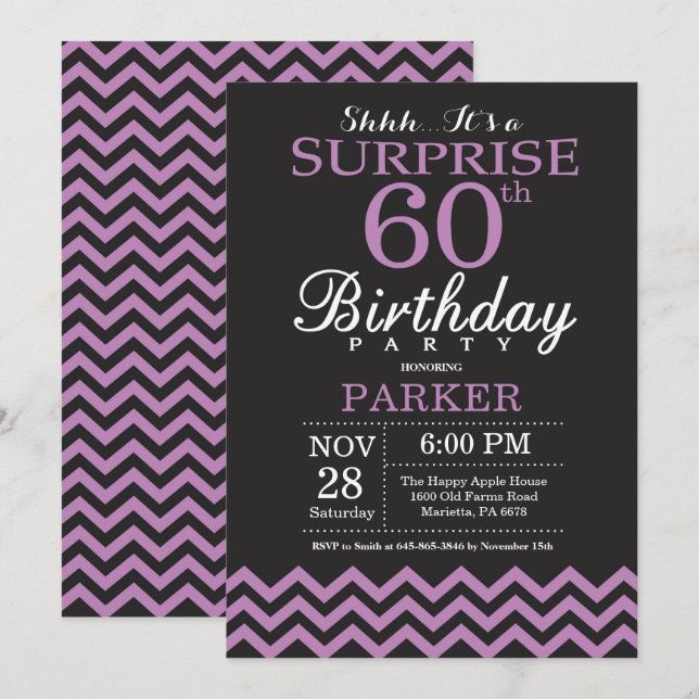 Surprise 60e anniversaire Invitation noir et viole (Devant / Derrière)