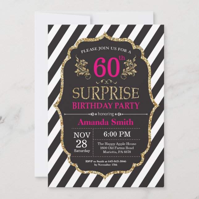 Surprise 60e anniversaire Invitation Pink Black Go (Devant)