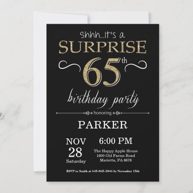 Surprise 65e anniversaire Invitation Black and Gol (Devant)