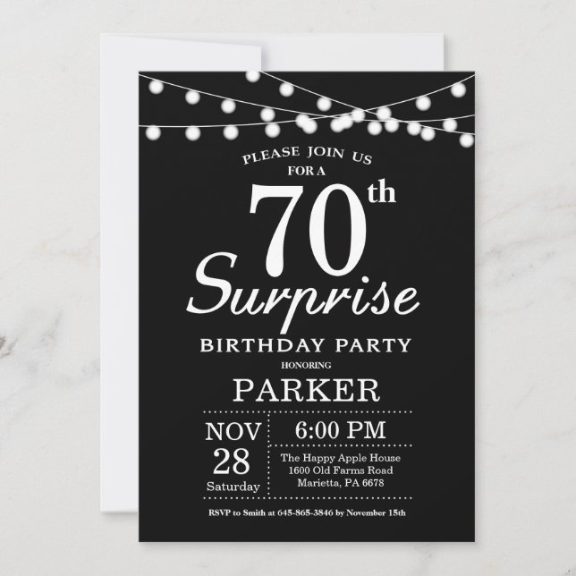Surprise 70e anniversaire Invitation noir et blanc (Devant)