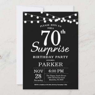 Surprise 70e anniversaire Invitation noir et blanc