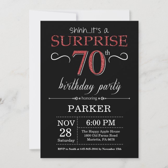 Surprise 70e anniversaire Invitation Noir et Rouge (Devant)