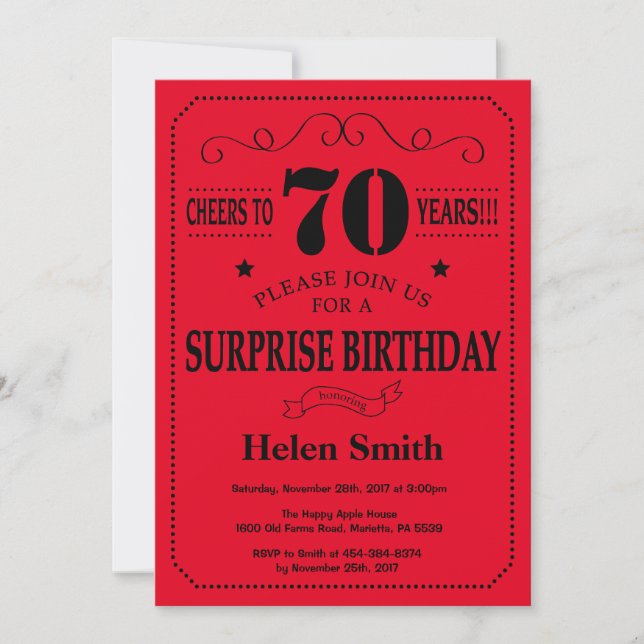 Surprise 70e anniversaire Invitation Noir et Rouge (Devant)