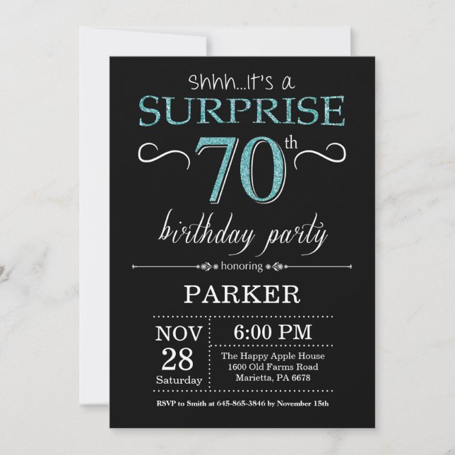 Surprise 70e anniversaire Invitation Noir et Turqu (Devant)