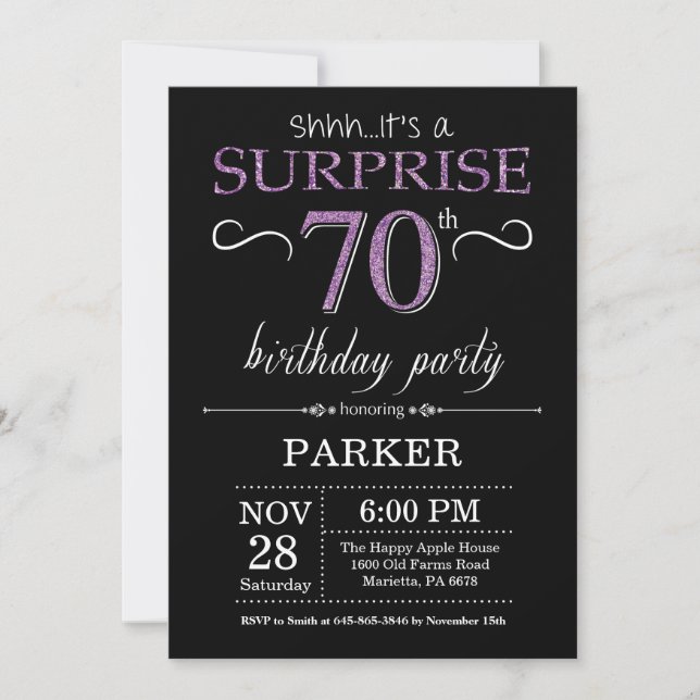 Surprise 70e anniversaire Invitation noir et viole (Devant)