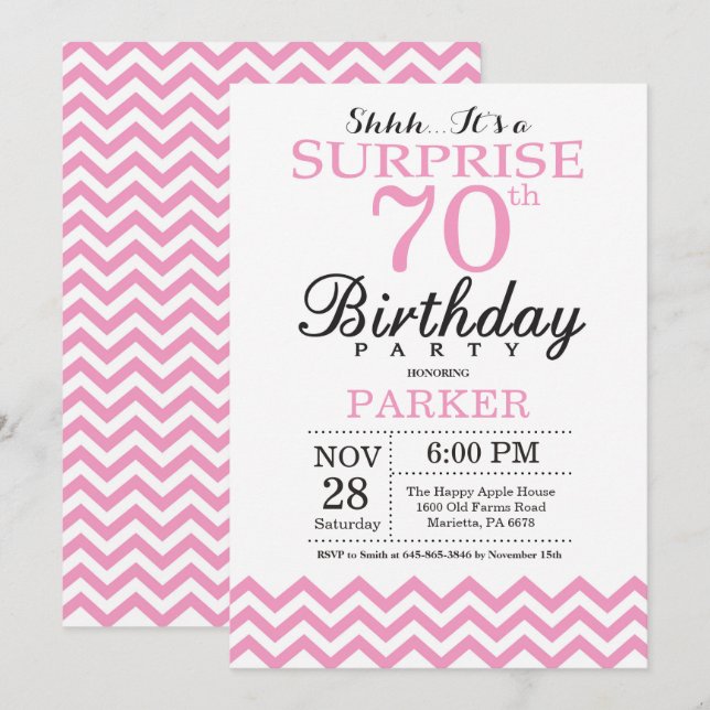 Surprise 70e anniversaire Invitation Pink Chevron (Devant / Derrière)