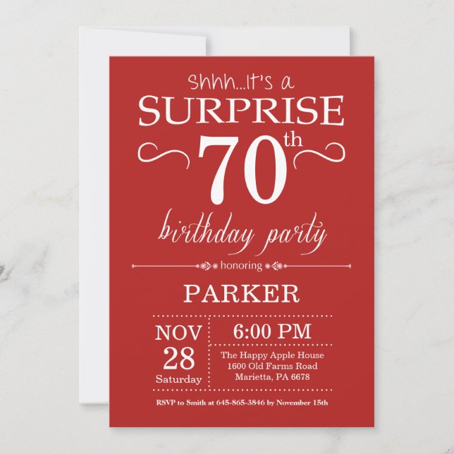 Surprise 70e anniversaire Invitation Rouge (Devant)