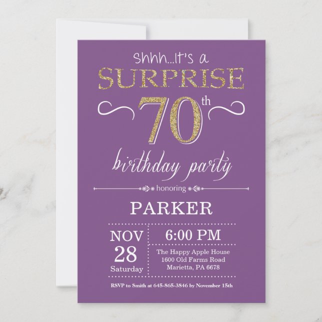 Surprise 70e anniversaire Invitation violet et or (Devant)