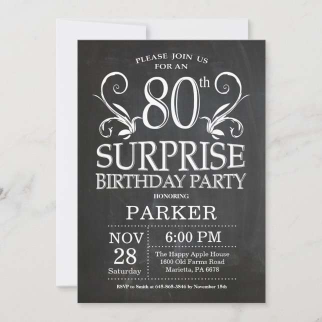 Surprise 80e anniversaire Invitation Chalkboard (Devant)