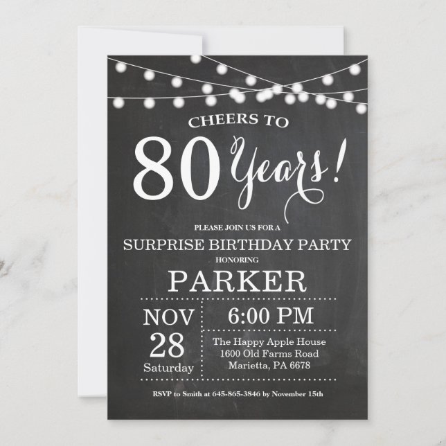 Surprise 80e anniversaire Invitation Chalkboard (Devant)