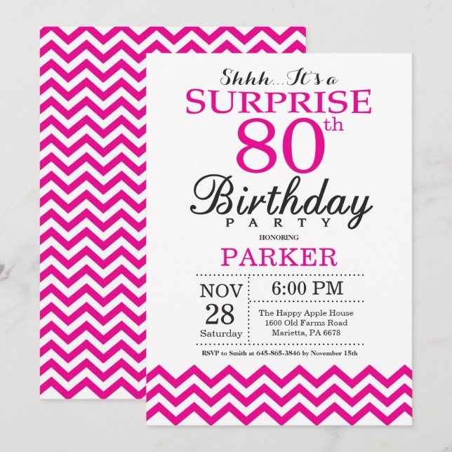 Surprise 80e anniversaire Invitation Hot Pink Chev (Devant / Derrière)