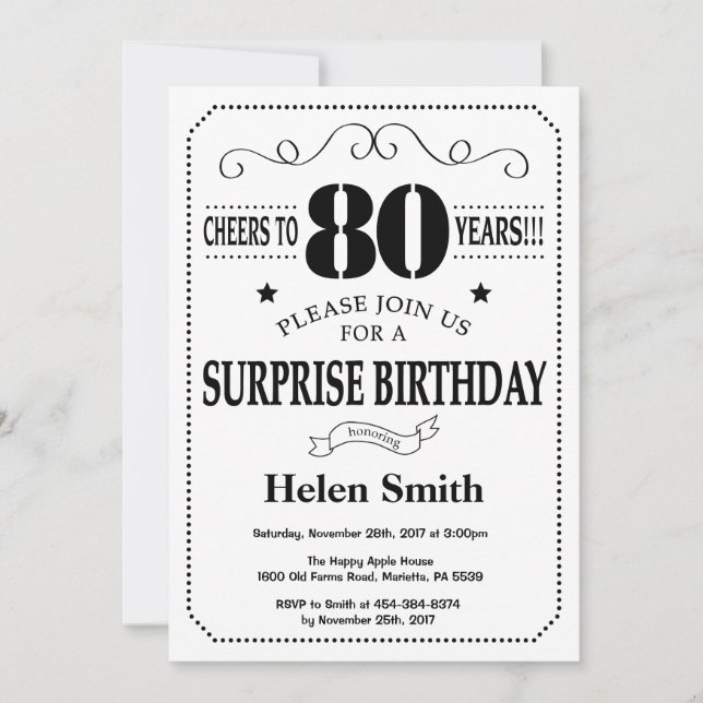 Surprise 80e anniversaire Invitation noir et blanc (Devant)