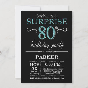 Surprise 80e anniversaire Invitation Noir et Turqu
