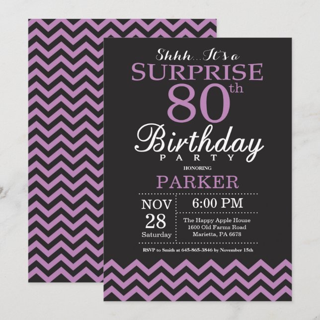 Surprise 80e anniversaire Invitation noir et viole (Devant / Derrière)