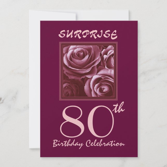 SURPRISE 80e anniversaire Invitation Roses violets (Devant)