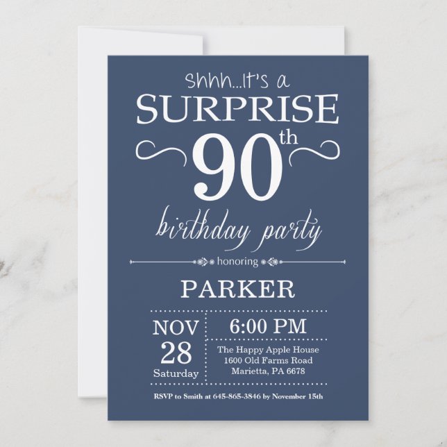 Surprise 90e anniversaire Invitation Bleu (Devant)