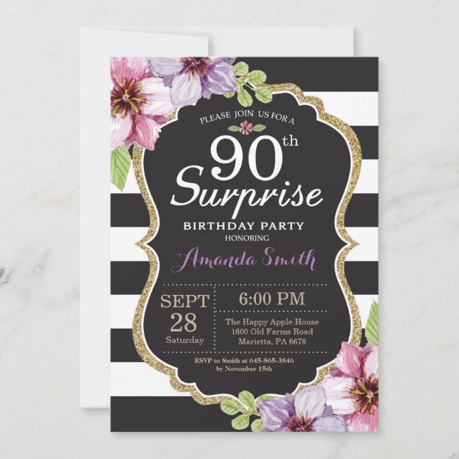 Surprise 90e anniversaire Invitation Floral Gold (Devant)