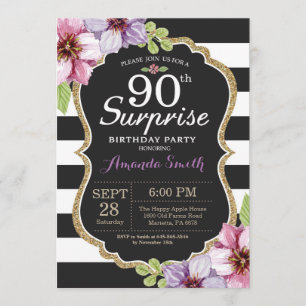 Surprise 90e anniversaire Invitation Floral Gold