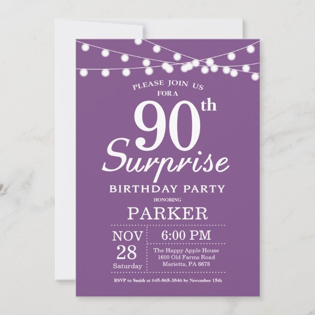 Surprise 90e anniversaire Invitation Purple Lavend (Devant)