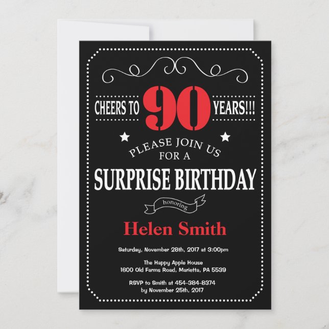 Surprise 90e anniversaire Invitation Rouge et Noir (Devant)